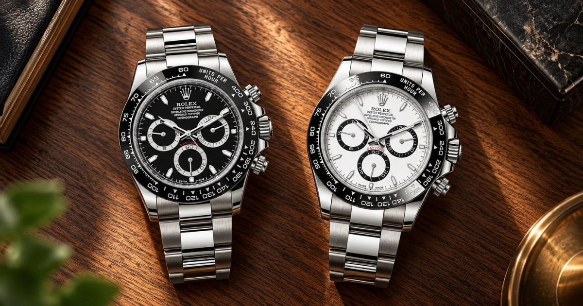 Rolex Daytona 116500LN vs. 126500LN comparison highlighting key differences in dial design, chronograph details, movement, and case finishing.